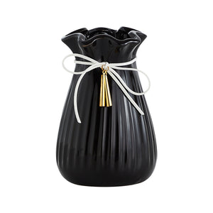 Vase Ceramic Bag with Ribbon Black 15CM - 030229