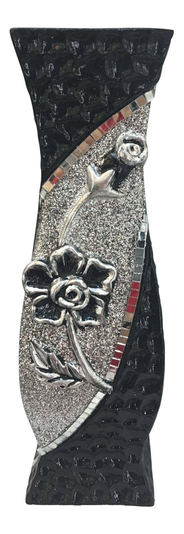 Vase Ceramic Black Square with Silver Flower 30CM - 030672
