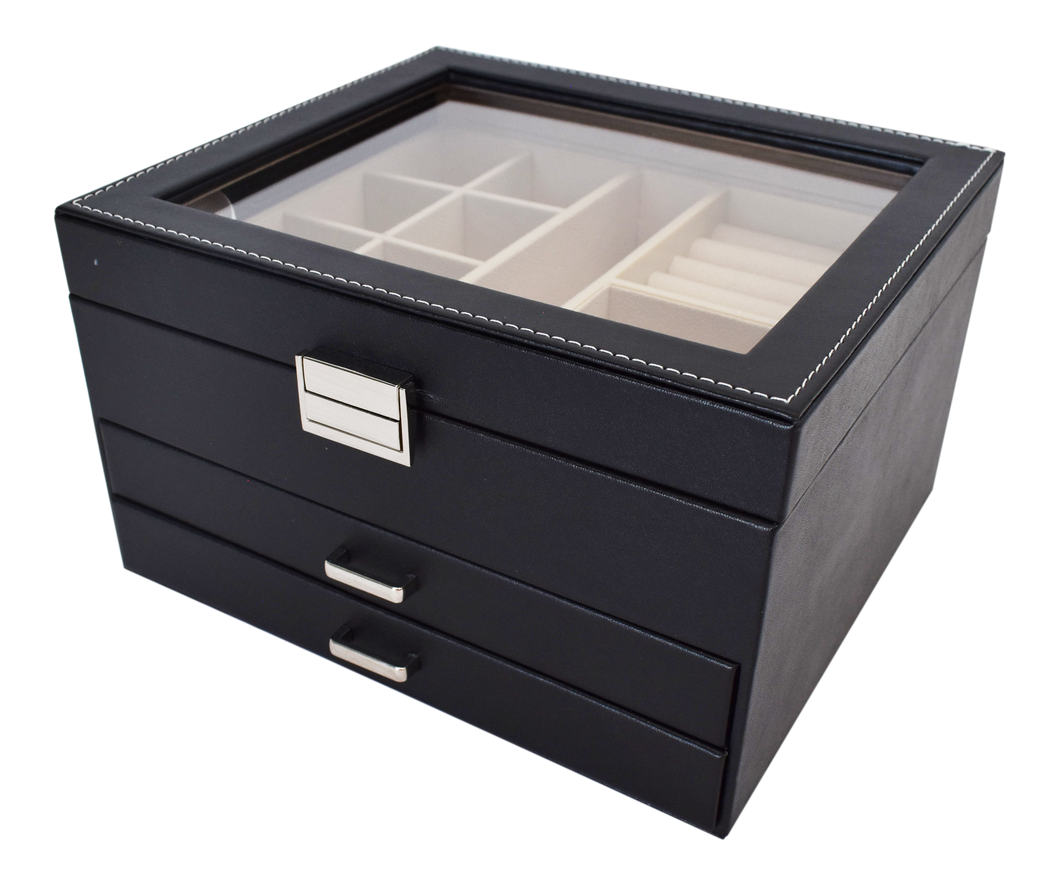 Jewelry Box Open Lid 2 Drawers Black 23X20X13.5CM - 238112