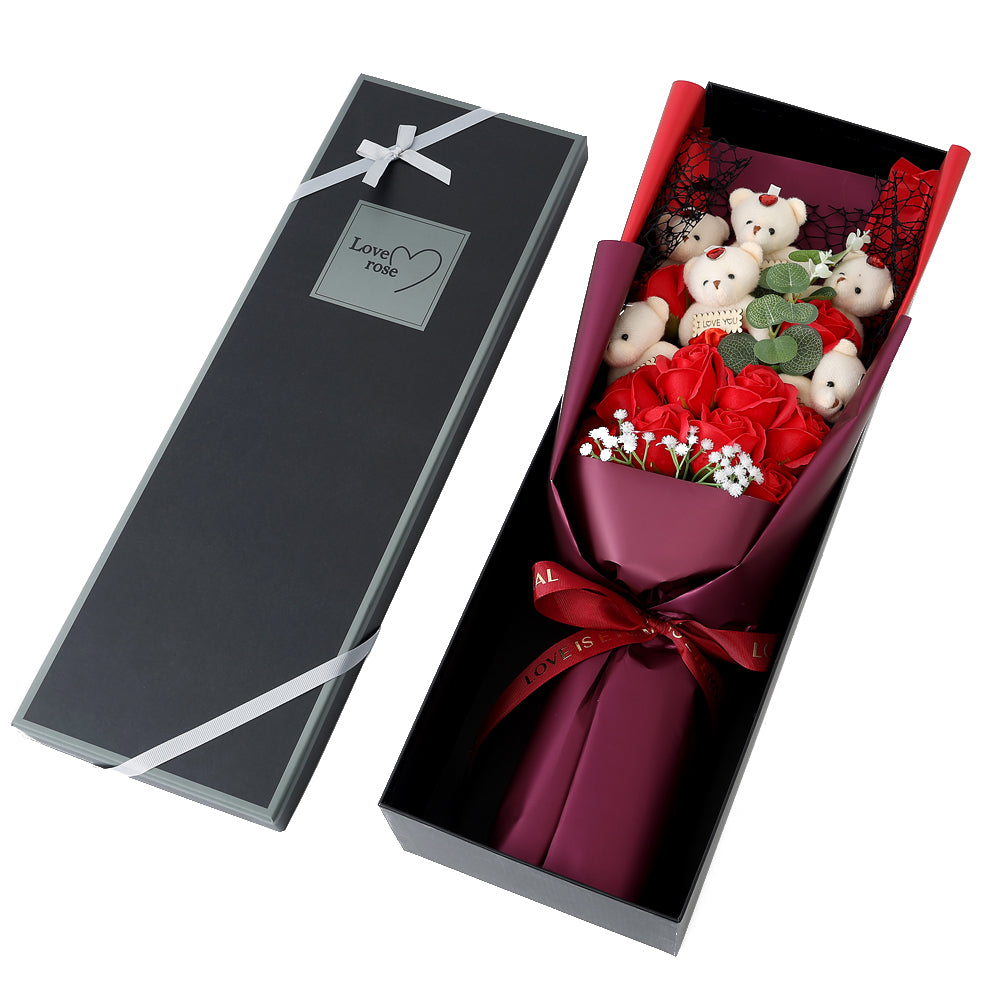 Bouquet Red Roses and I Love You Bears in Black Box - 270032