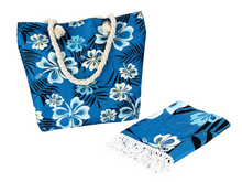 Load image into Gallery viewer, Beach Bag and Towel With Fringe Set Blue Hibiscus - 662099
