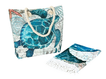 Load image into Gallery viewer, Beach Bag and Towel With Fringe Set Blue Turtle - 662101
