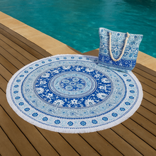 Load image into Gallery viewer, Round Towel Microfibre 150CM with Beach Bag Blue Mandala - 662122
