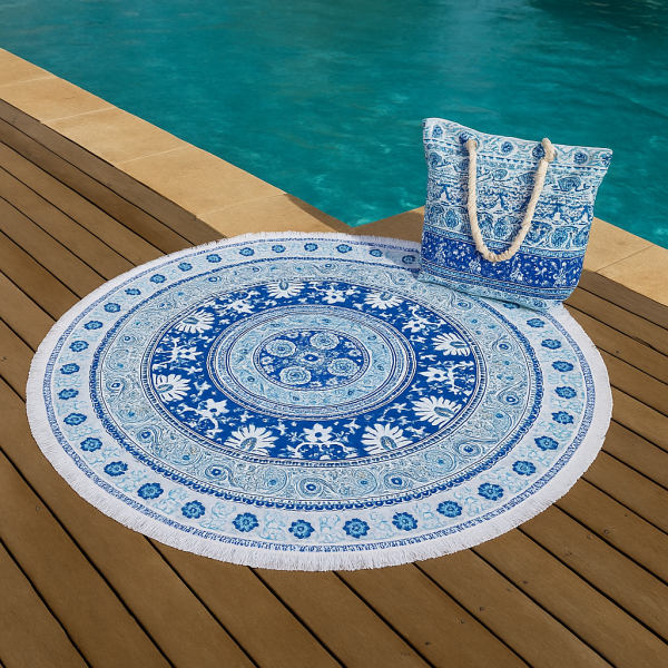 Round Towel Microfibre 150CM with Beach Bag Blue Mandala - 662122