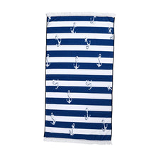 Load image into Gallery viewer, Beach Bag and Towel With Fringe Set Navy Stripe Anchor - 662127
