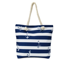 Load image into Gallery viewer, Beach Bag and Towel With Fringe Set Navy Stripe Anchor - 662127
