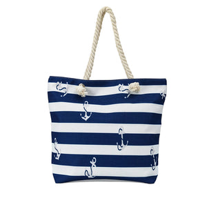 Beach Bag and Towel With Fringe Set Navy Stripe Anchor - 662127