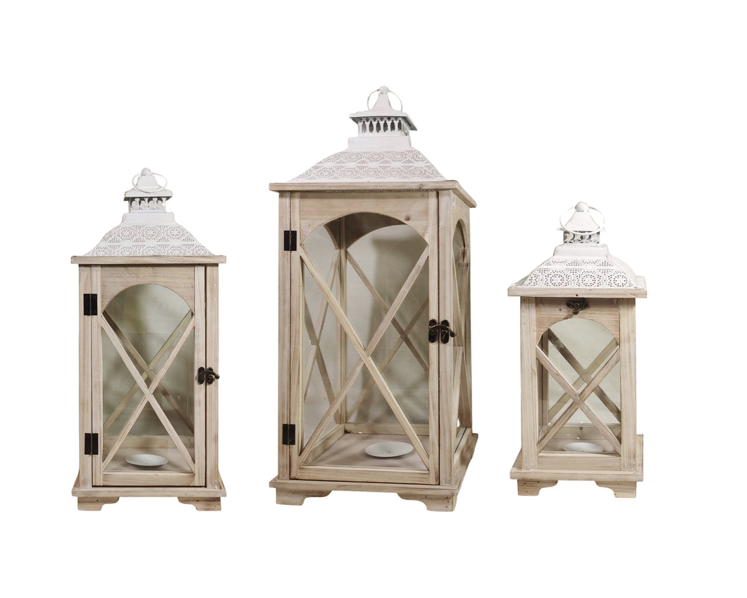 Lantern Wood Natural with White Metal Top Large - 929376